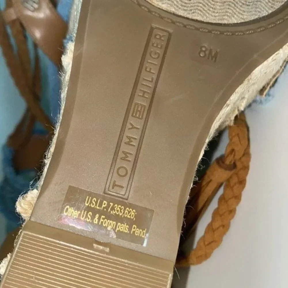 Tommy Hilfiger Women Blue Tan Studded Espadrille Tie-Up Wedge 8M